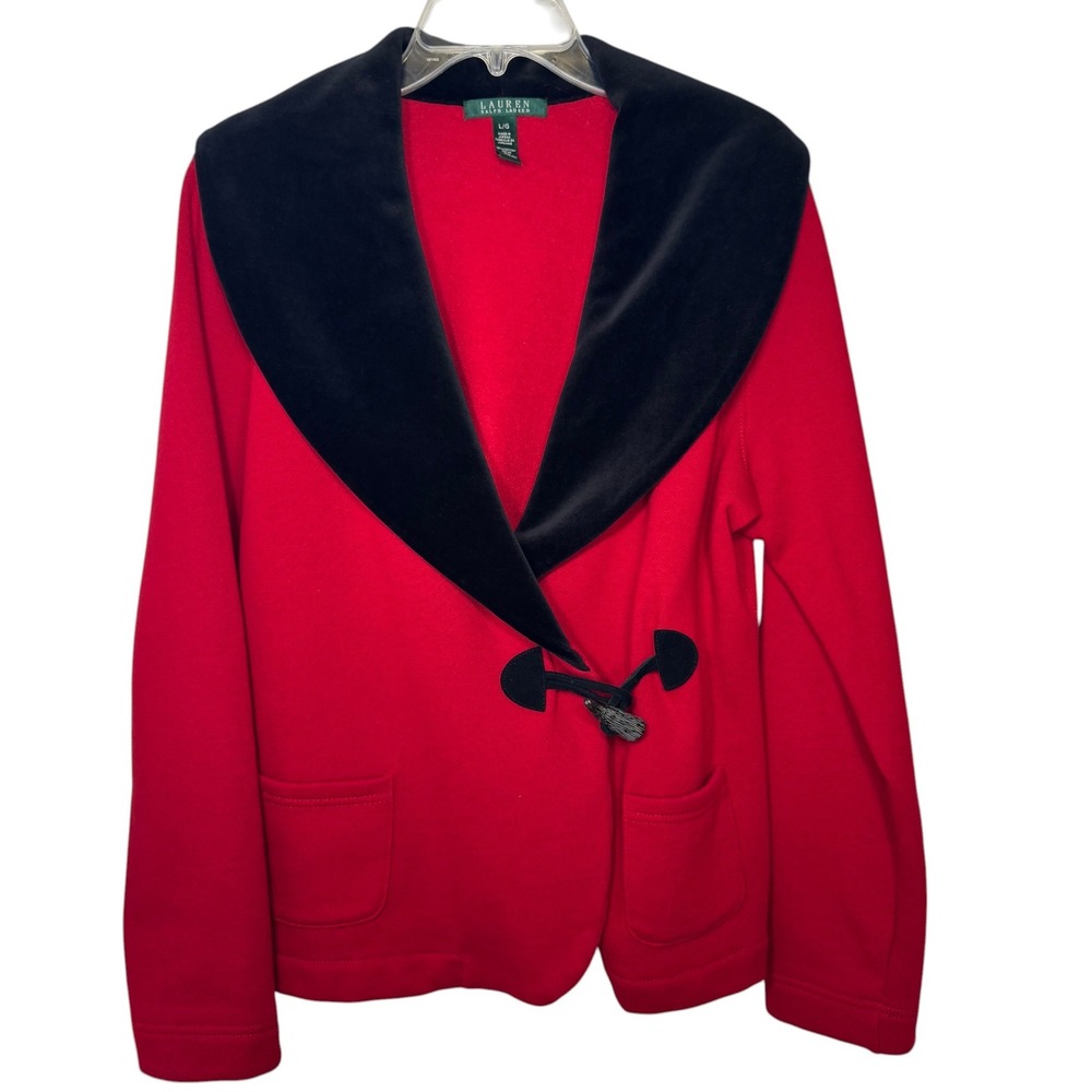 Lauren Ralph Lauren Red Toggle Jacket‎ Womens Large Black Velvet Shawl Collar